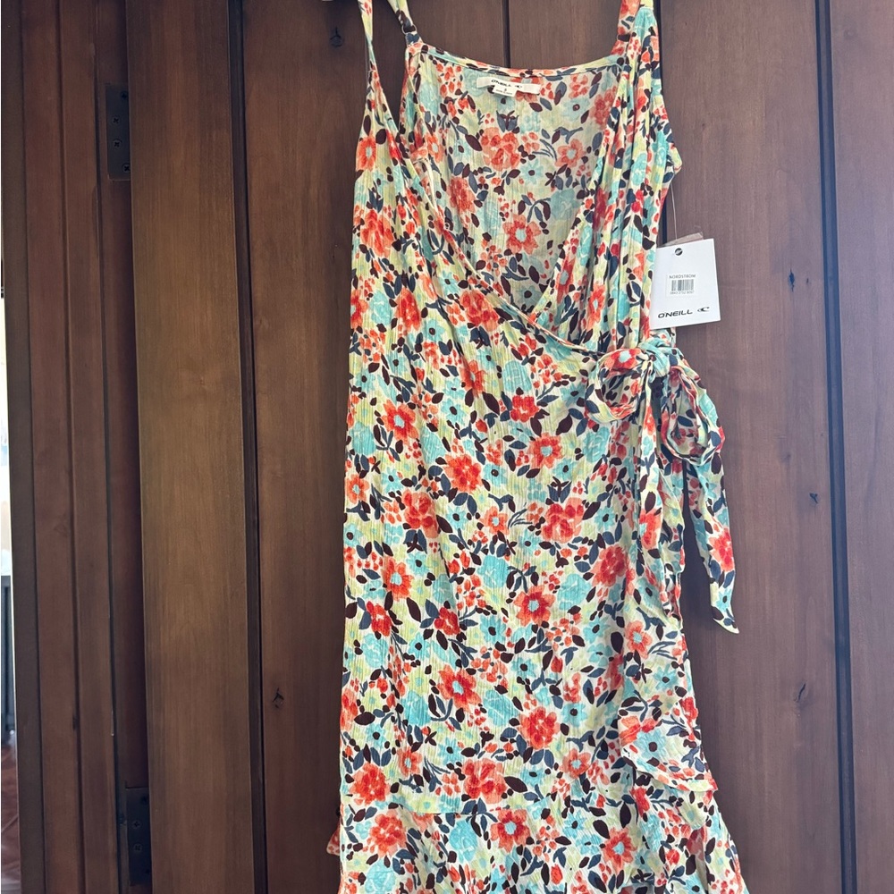 O'Neill Red and Green Ruffled Wrap Sundress